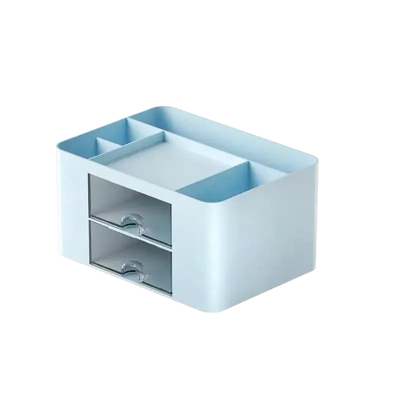 Light blue plastic storage box with large capacity, two clear drawers, and modern minimalist style desk organizer