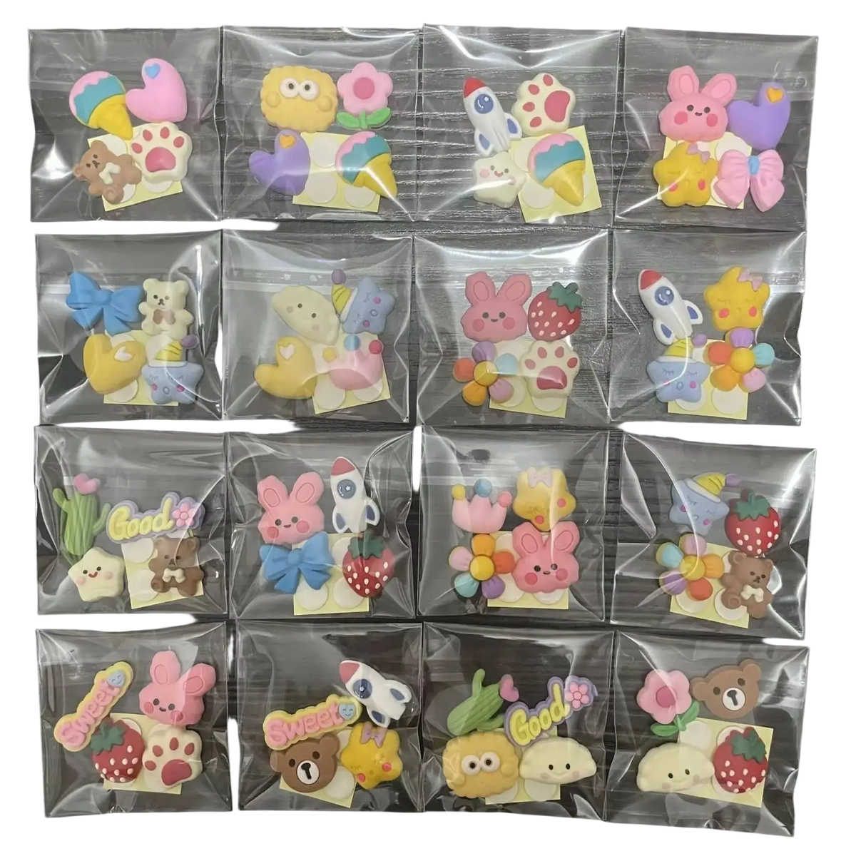 Pastel-colored soft silicone charm sets with cute animals and food motifs in clear bags for large capacity storage box
