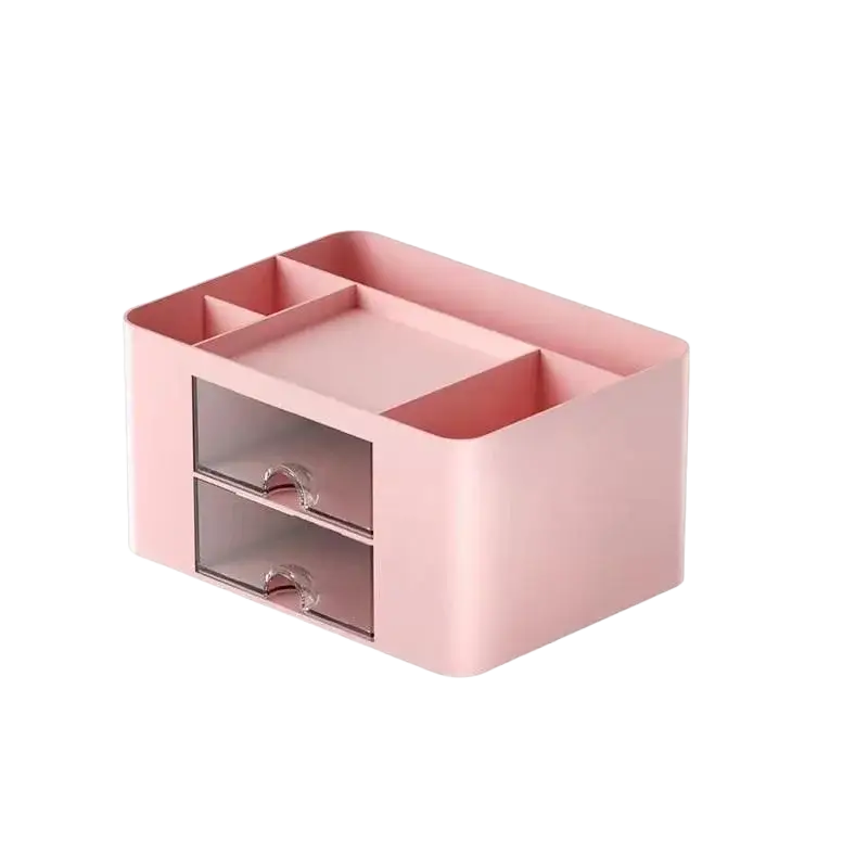 Pink plastic storage box large capacity with two transparent drawers and bunny handle in modern minimalist style