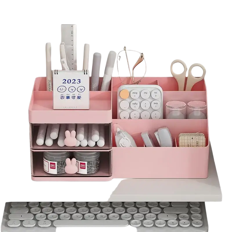 Pink two-tier large capacity storage box with bunny handle in modern minimalist style holding office supplies