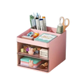 Pink two-tier modern minimalist style storage box with clear drawers and large capacity bunny handle for stationery organization
