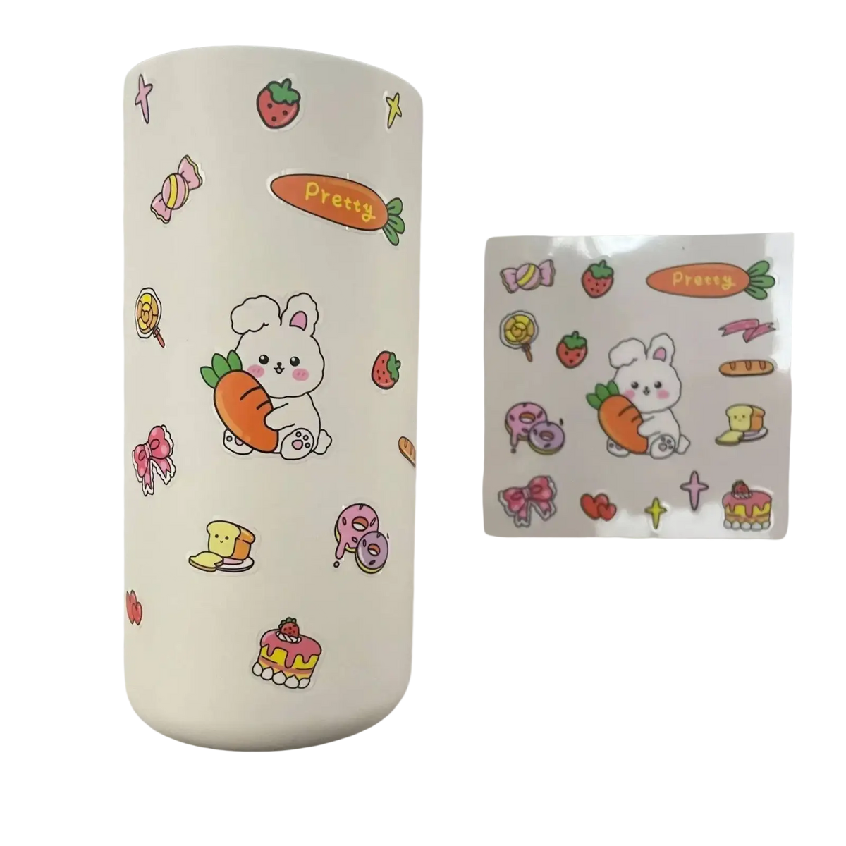 White insulated water bottle with cute bunny and fruit stickers paired with large capacity cream storage box