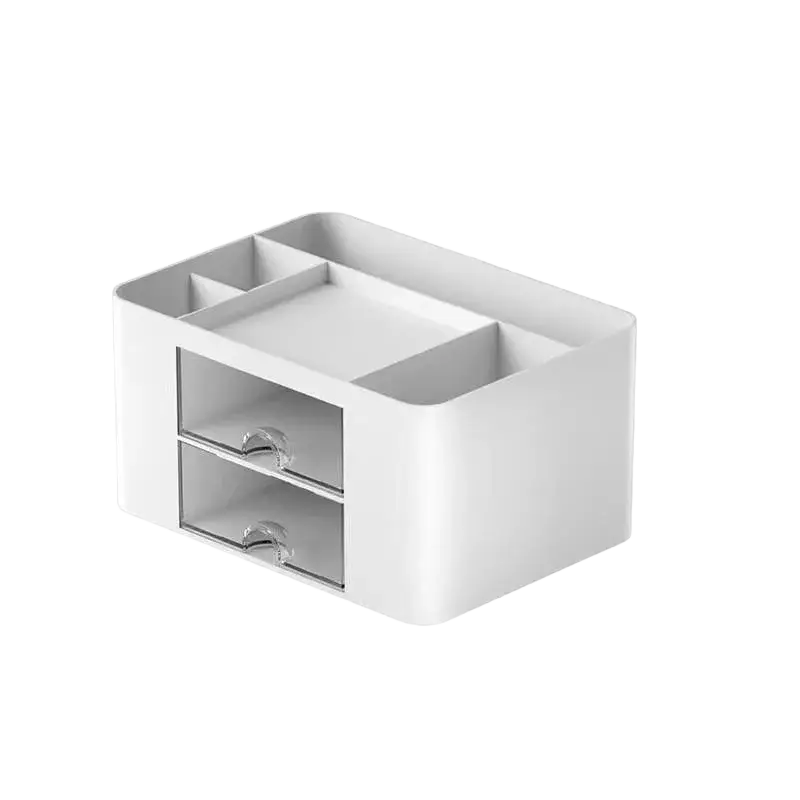 White plastic storage box with large capacity, two clear drawers, multiple compartments, and modern minimalist style