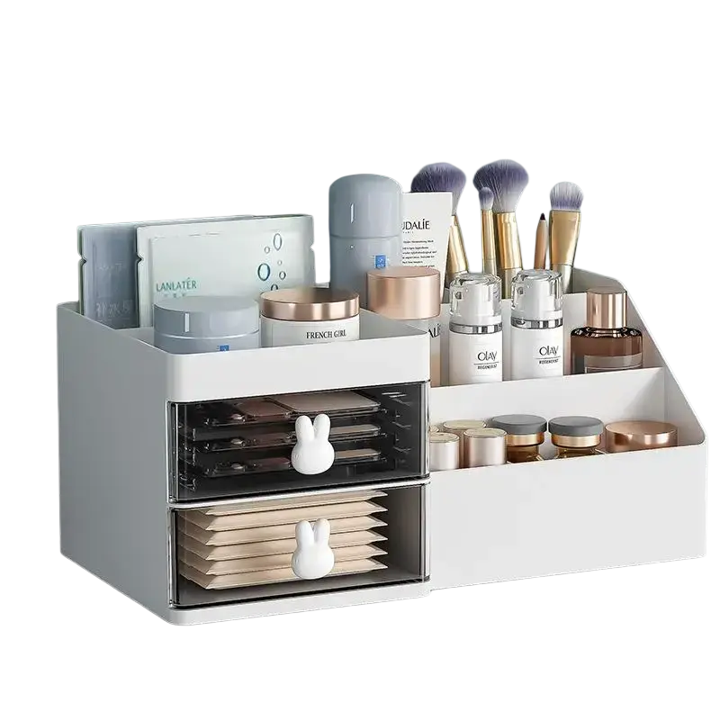 White plastic storage box large capacity makeup organizer with two drawers bunny-shaped handles modern minimalist style