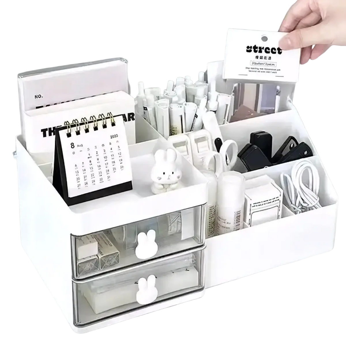 White plastic storage box with large capacity transparent drawers and bunny-shaped handles in modern minimalist style