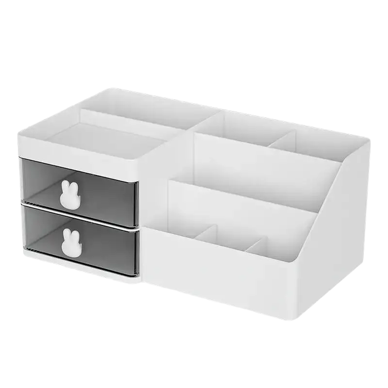 White plastic storage box large capacity cream organizer with translucent gray drawers and bunny-shaped handles in modern minimalist style