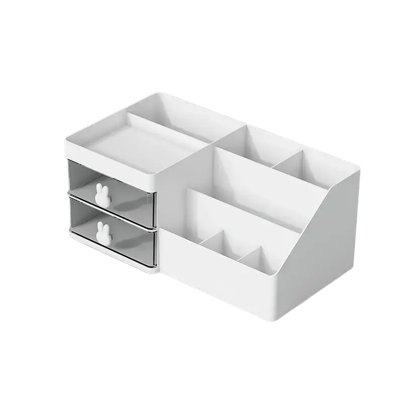 White plastic storage box large capacity cream organizer with clear drawers and bunny handles in modern minimalist style