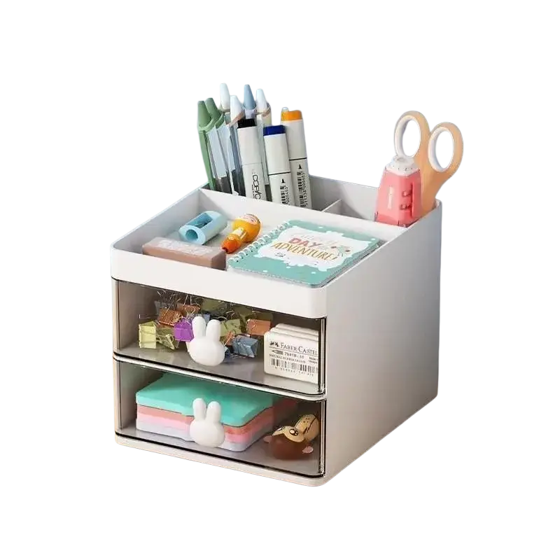 White large capacity storage box cream organizer with bunny handle modern minimalist style and clear drawers for stationery