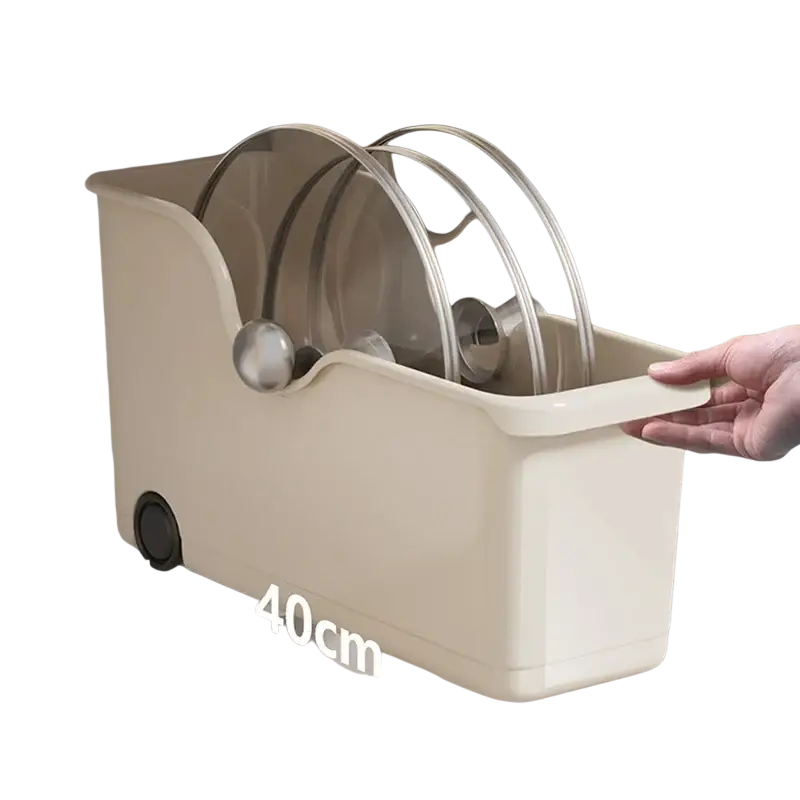 Beige plastic storage box with wheels and curved handle designed for kitchen and makeup organization of glass lids