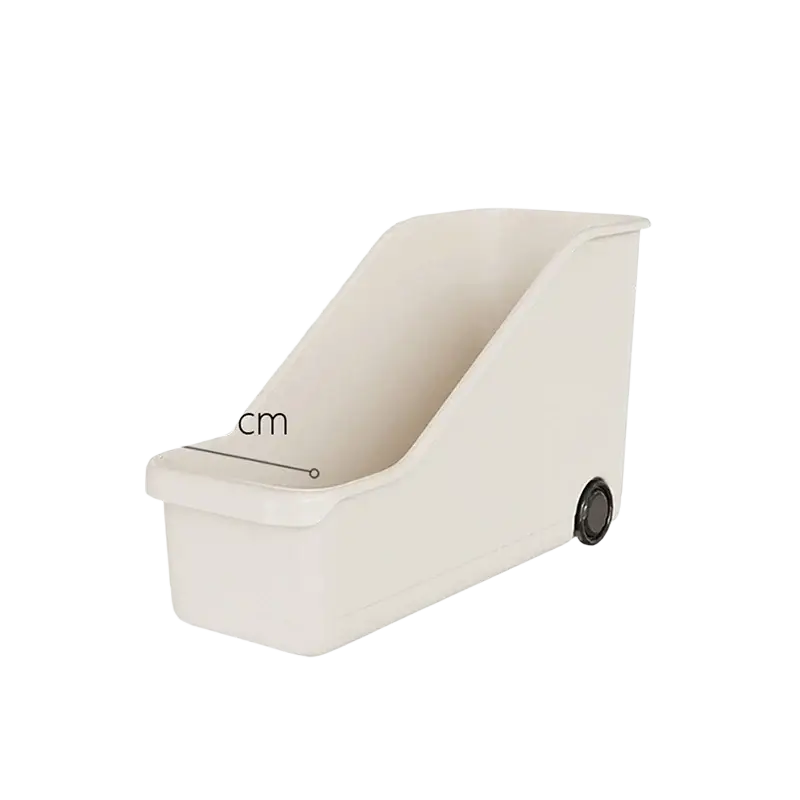 Beige plastic storage box with single black wheel and sloped interior for kitchen and makeup organization