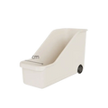Beige plastic storage box with single black wheel and sloped interior for kitchen and makeup organization
