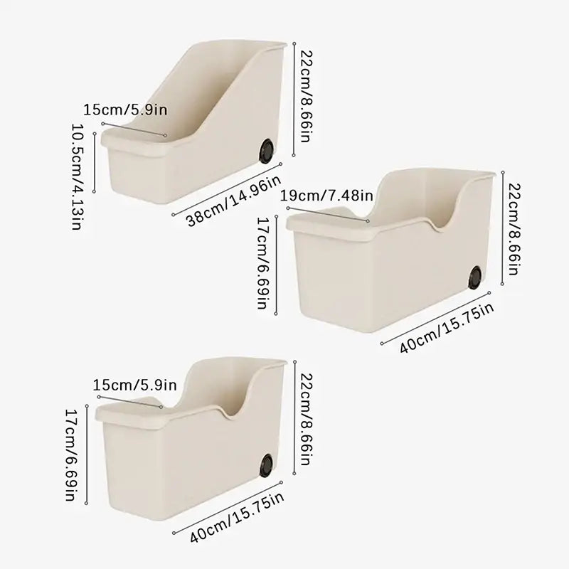 Beige plastic storage box with rounded corners and black wheels in three sizes for kitchen and makeup organization
