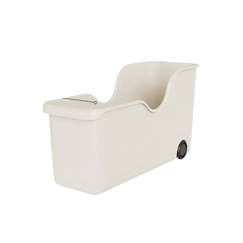 Beige plastic storage box with one black wheel and curved handle for kitchen and makeup organization