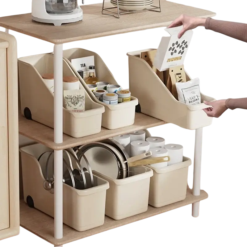 Beige plastic storage box with wheels and integrated handles for kitchen and makeup organization