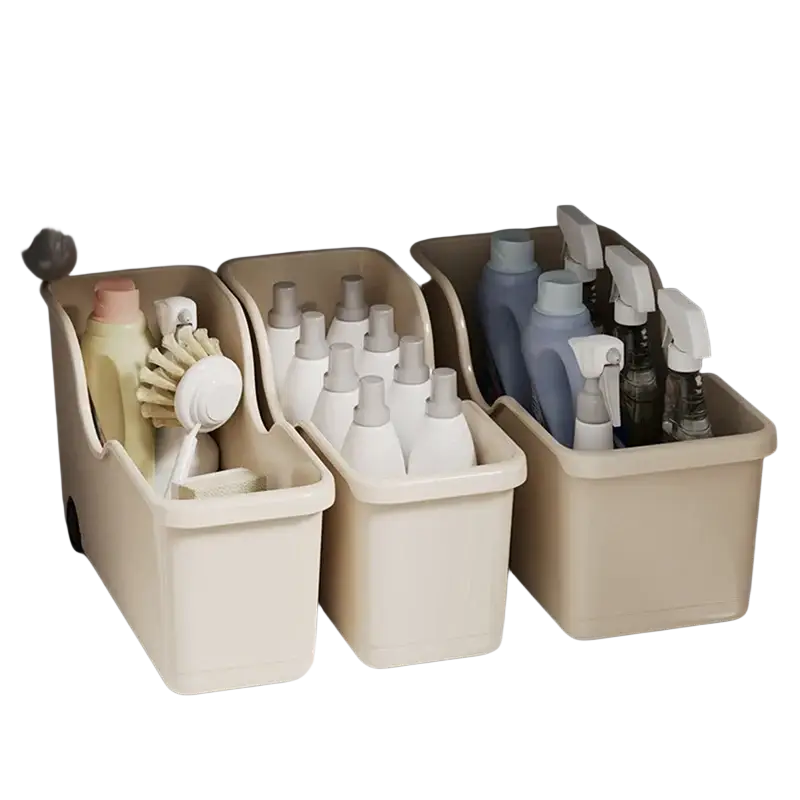 Beige plastic storage box with wheels and integrated slots for bottles and spray cans for kitchen or makeup organization