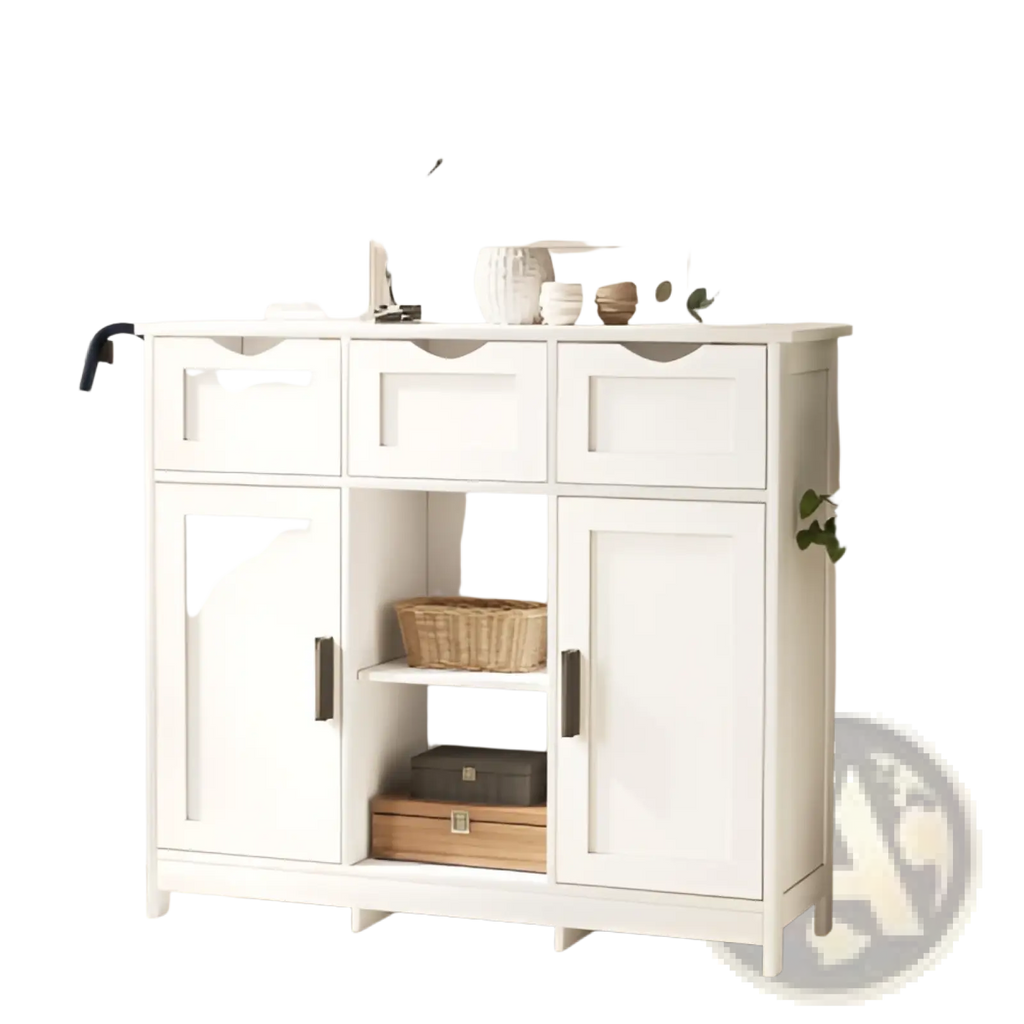 White painted wooden storage cabinet with three drawers two cabinet doors and sleek black handles featuring adjustable shelves