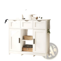 White painted wooden storage cabinet with three drawers two cabinet doors and sleek black handles featuring adjustable shelves