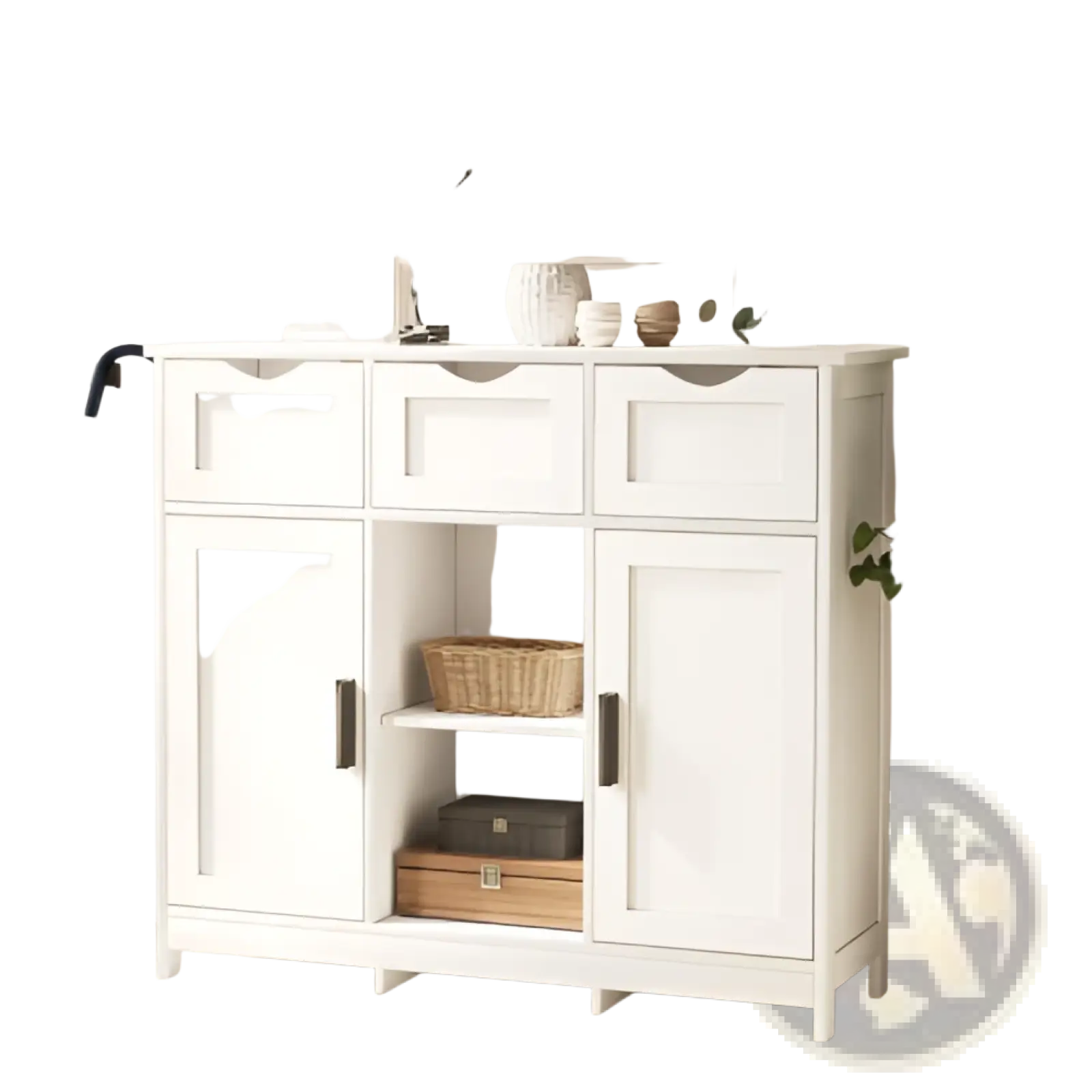 White painted wooden storage cabinet with three drawers two cabinet doors and sleek black handles featuring adjustable shelves