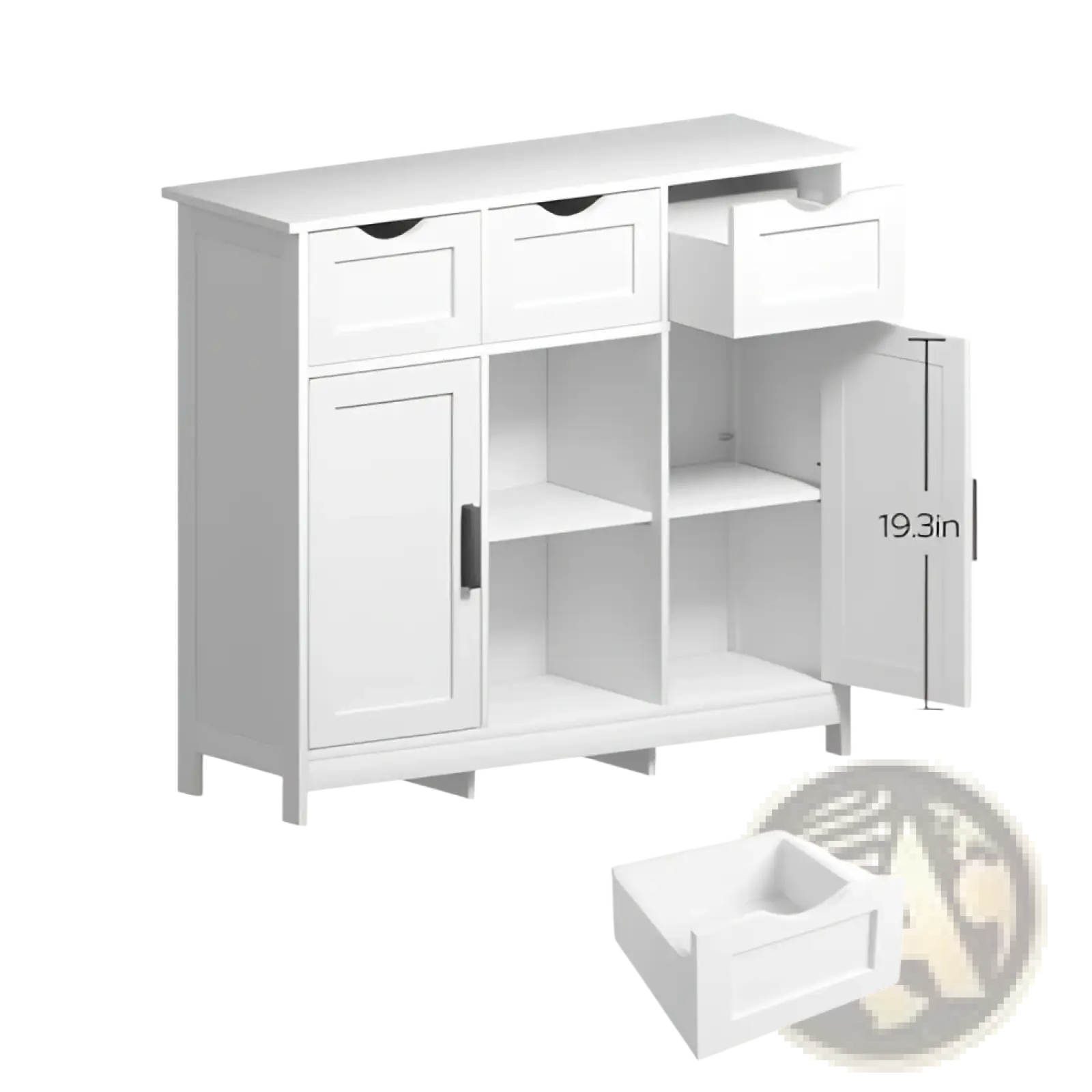 White wooden storage cabinet with three drawers, a single door, and an open shelved compartment for adjustable storage