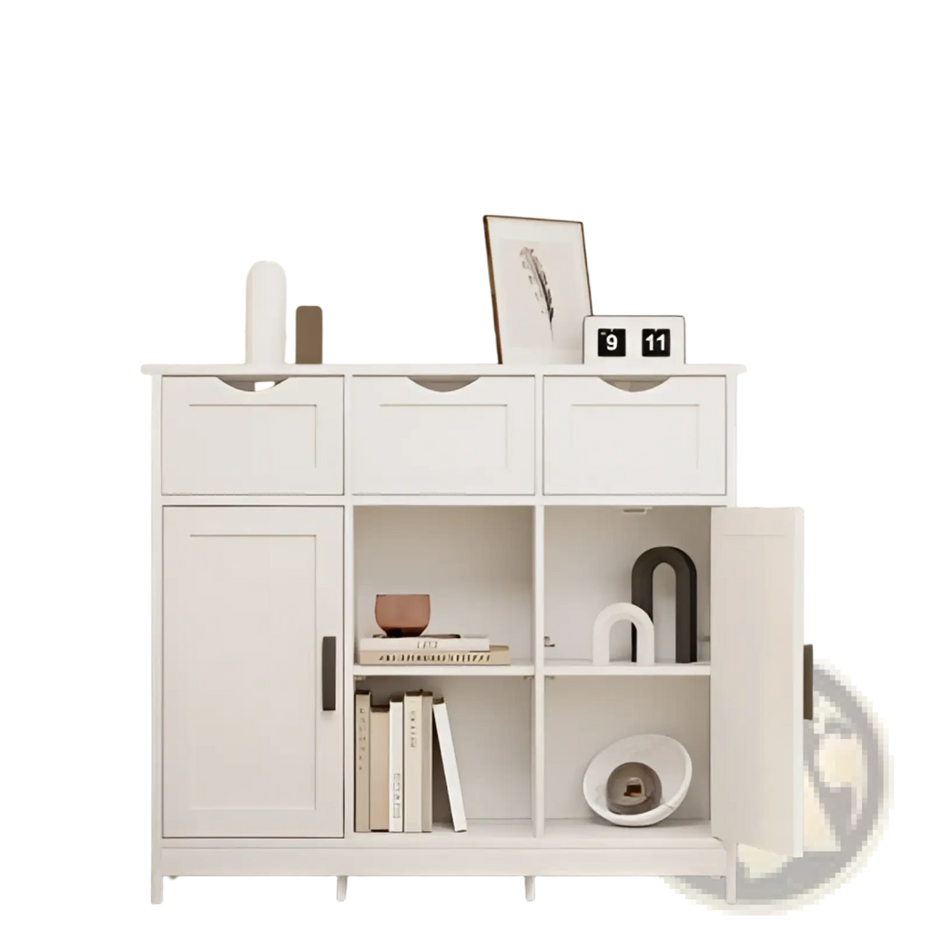 White minimalist storage cabinet with 3 drawers, adjustable shelves, open and closed compartments, and sleek handles