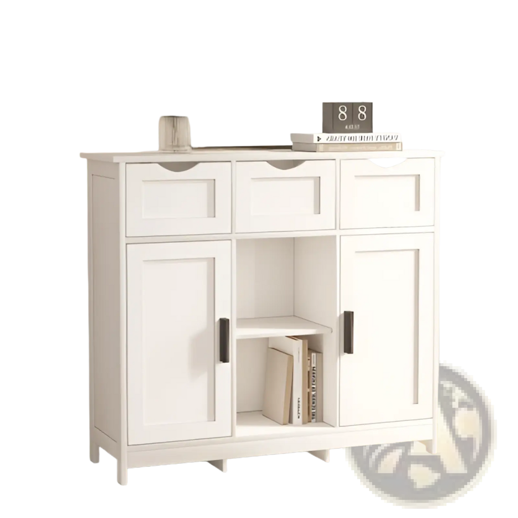 White wooden storage cabinet with three drawers black handles and adjustable shelves featuring a minimalist design