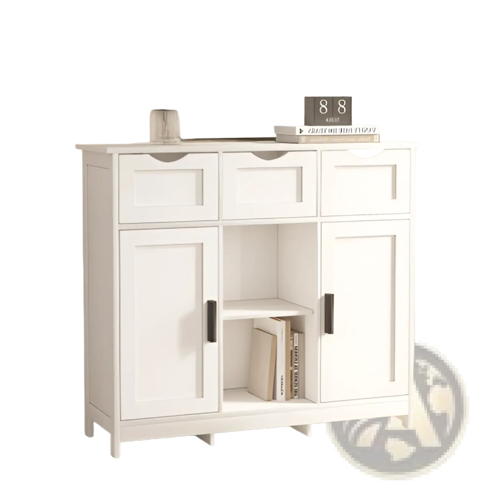 White wooden storage cabinet with three drawers black handles and adjustable shelves featuring a minimalist design