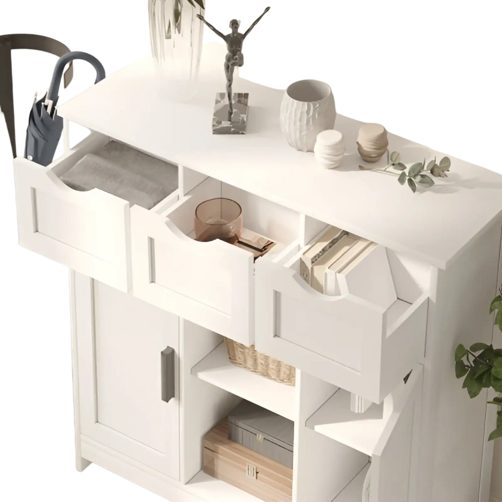 White modern storage cabinet with three drawers and adjustable shelves featuring sleek minimalist design and clean lines