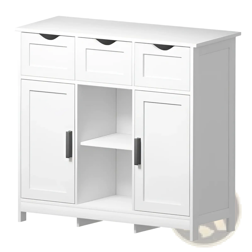 White wooden storage cabinet with three drawers two doors black handles and adjustable shelves for organized storage