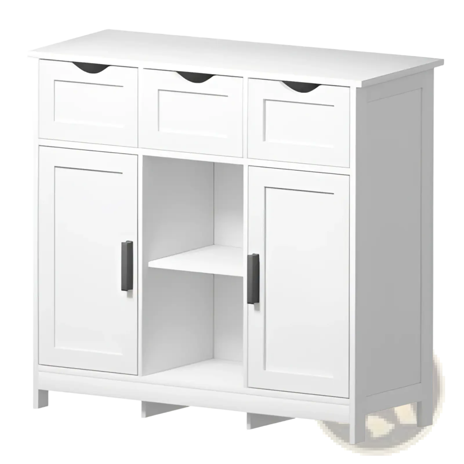 White wooden storage cabinet with three drawers two doors black handles and adjustable shelves for organized storage