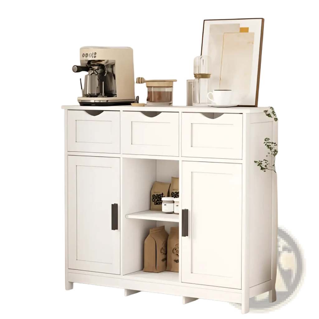 White wooden storage cabinet with three drawers, two doors, sleek black handles, and adjustable shelves for organization
