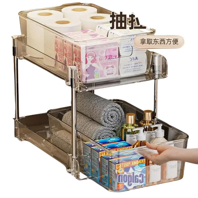 Clear acrylic two-tier pull-out storage holders with chrome metal frame for sliding under sink organization