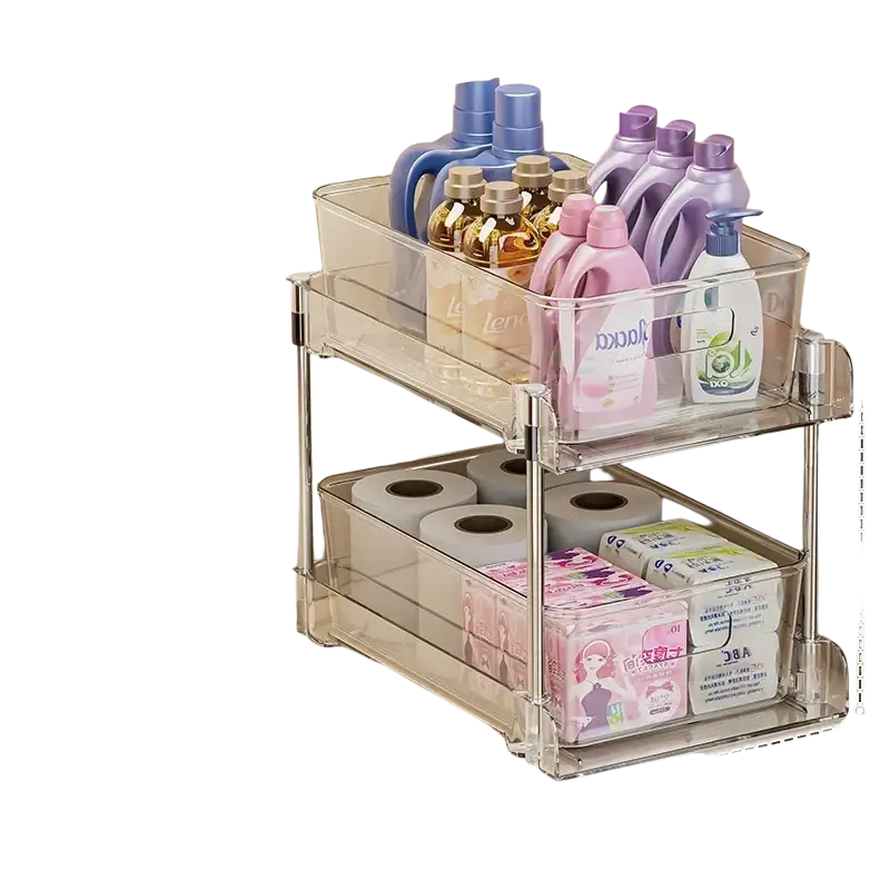 Clear double-layer pull-out cabinet storage holders in white for under-sink or countertop 2-tier sliding organizer