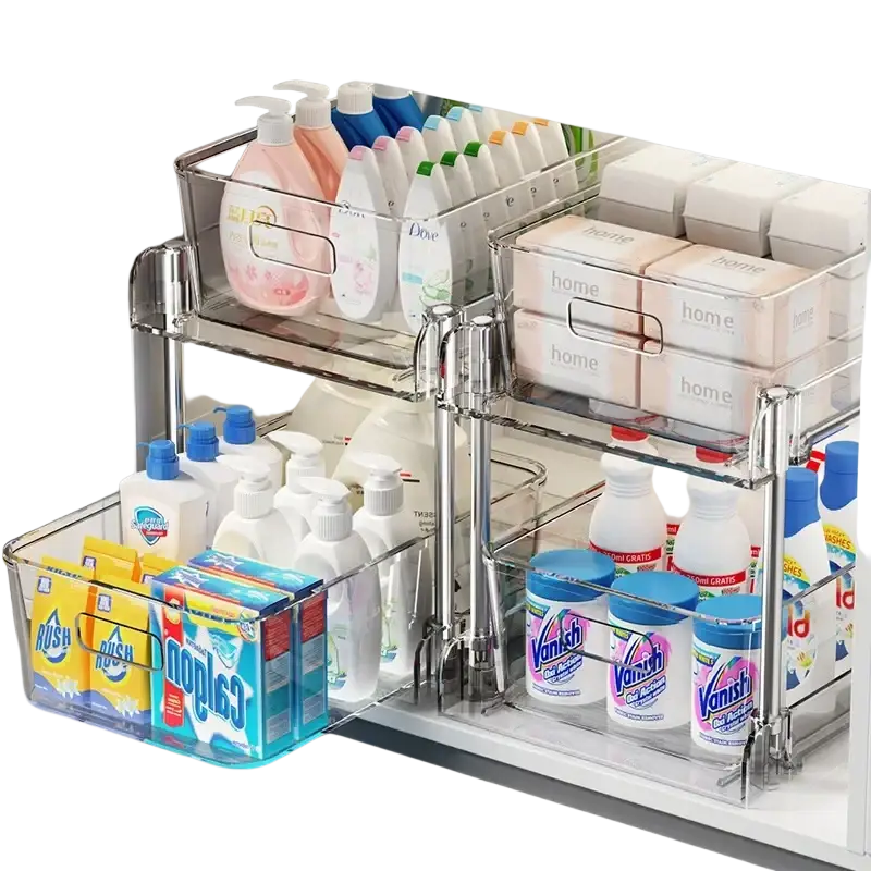 Clear plastic and stainless steel 2-tier sliding under sink organizer storage holders with pull-out trays