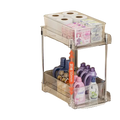 Clear plastic two-tier sliding under sink organizer storage holders for efficient pull-out cabinet storage