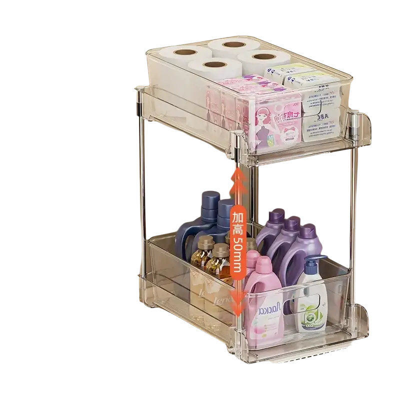 Clear plastic two-tier sliding under sink organizer storage holders for efficient pull-out cabinet storage
