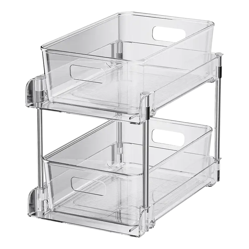 Clear plastic two-tier sliding under sink storage holders with pull-out design and integrated handles for organization