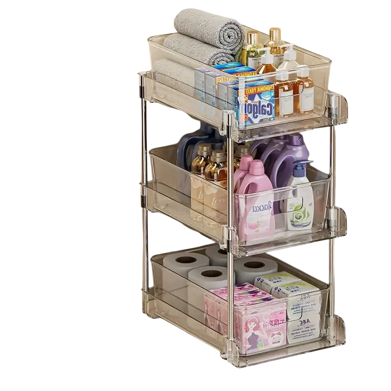 Clear three tier bathroom storage holders with transparent plastic shelves and metal frame for under sink organization