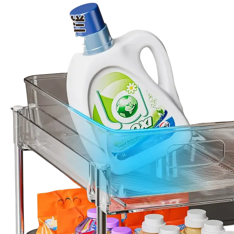White plastic bottle of oxiclean with blue cap and green label on a 2-tier sliding under sink storage holder organizer