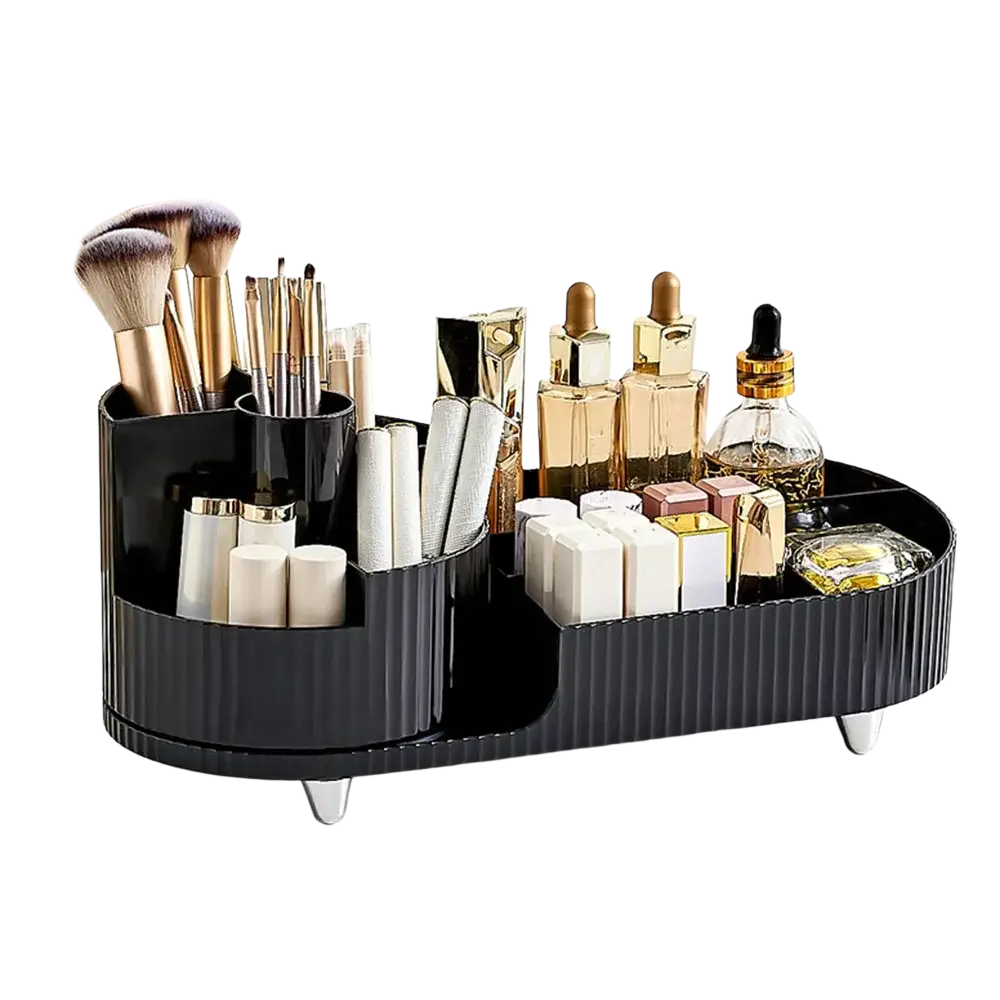 Black ribbed plastic holder desktop box with silver feet and 360 rotating feature for lipstick brushes skincare storage organizer