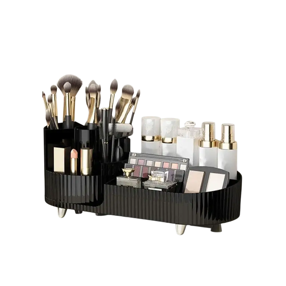 Black ribbed plastic holder desktop box with gold-trimmed compartments for lipstick brushes skincare storage organizer