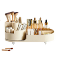 Beige ribbed plastic holder desktop box 360 rotating storage organizer with compartments for lipstick brushes skincare bottles