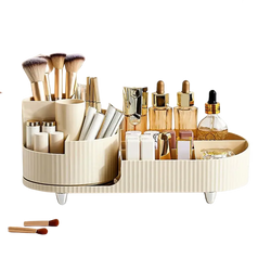Beige ribbed plastic holder desktop box 360 rotating storage organizer with compartments for lipstick brushes skincare bottles