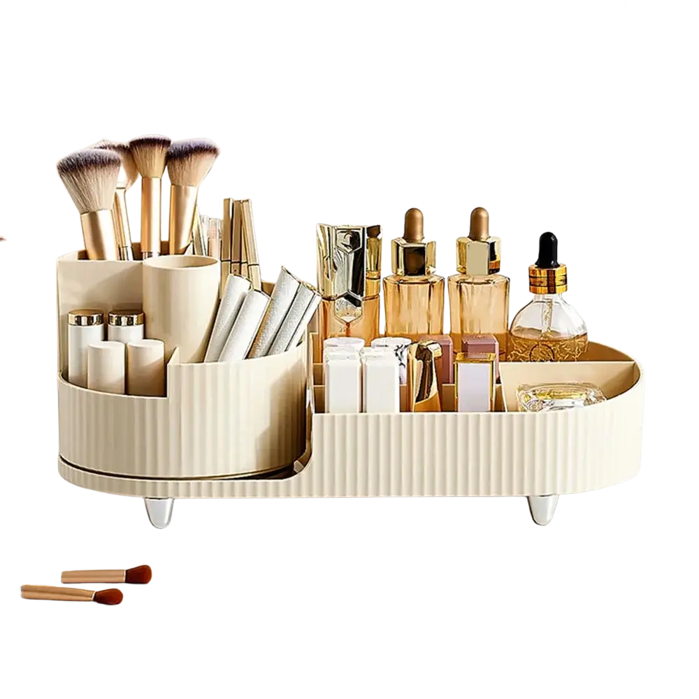 Beige ribbed plastic holder desktop box 360 rotating storage organizer with compartments for lipstick brushes skincare bottles