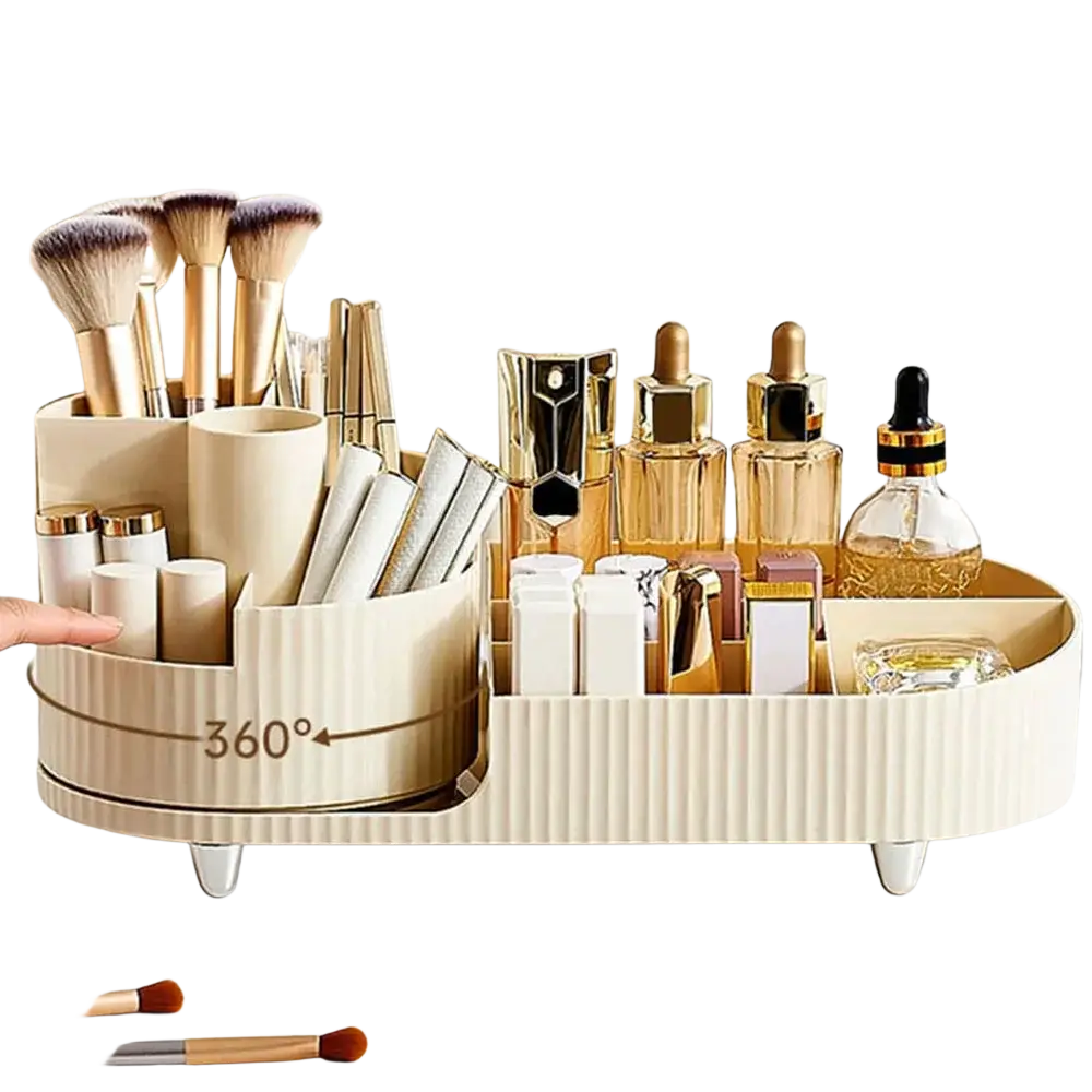 Beige ribbed plastic holder desktop box with 360 rotating tray and compartments for lipstick brushes skincare bottles