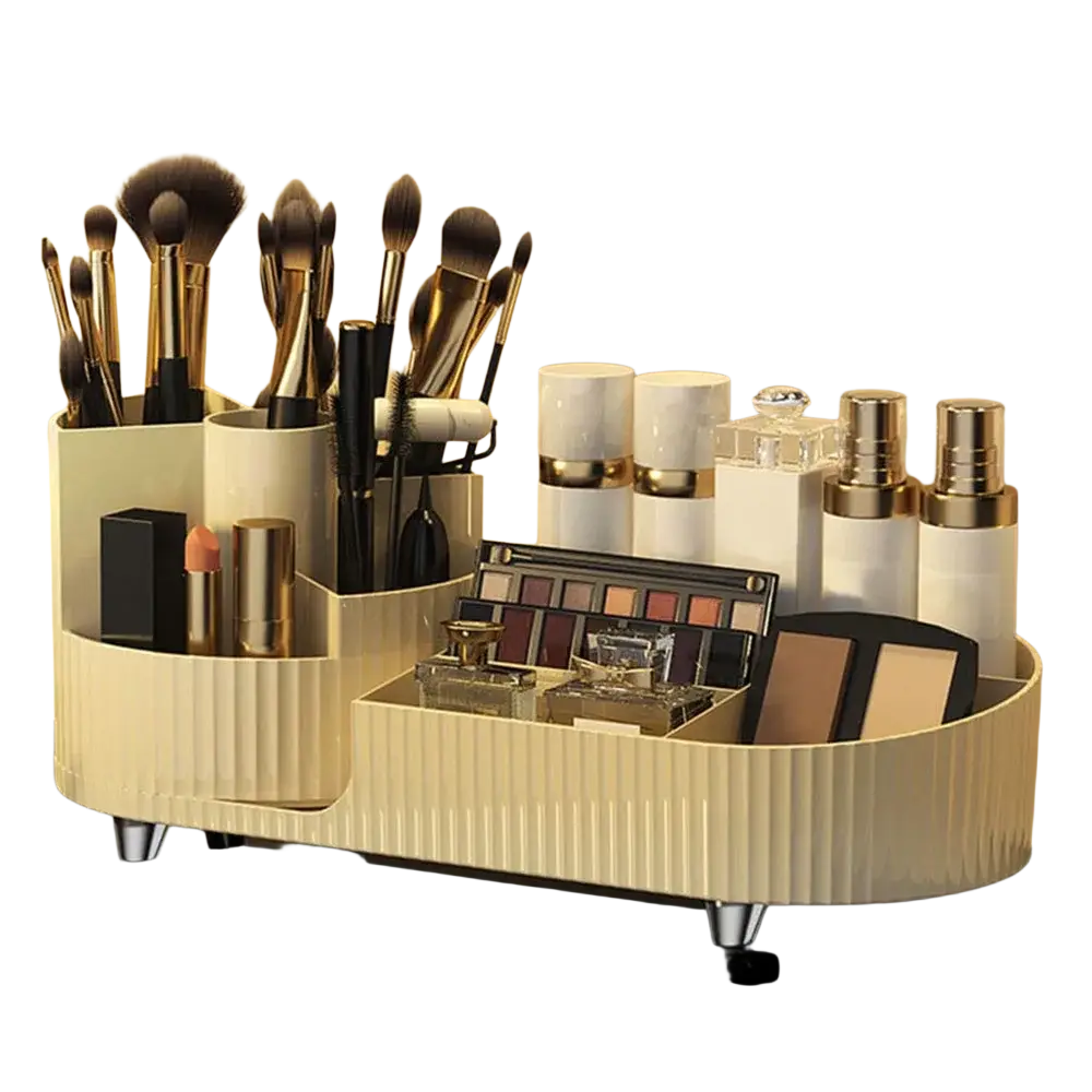 Beige ribbed plastic holder desktop box with silver feet 360 rotating storage organizer for lipstick brushes skincare