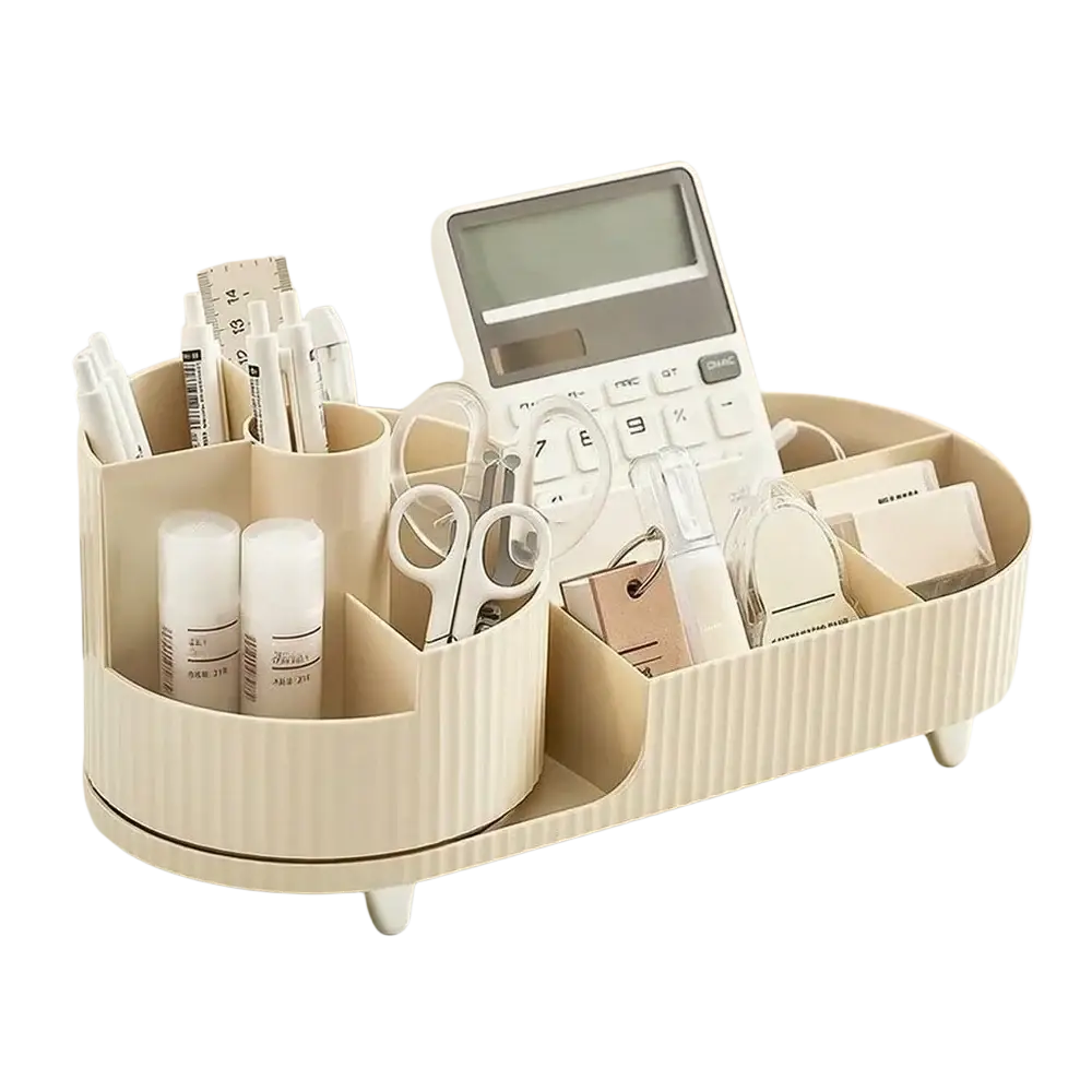 Beige ribbed plastic holder desktop box 360 rotating storage organizer with compartments for pens scissors and calculator