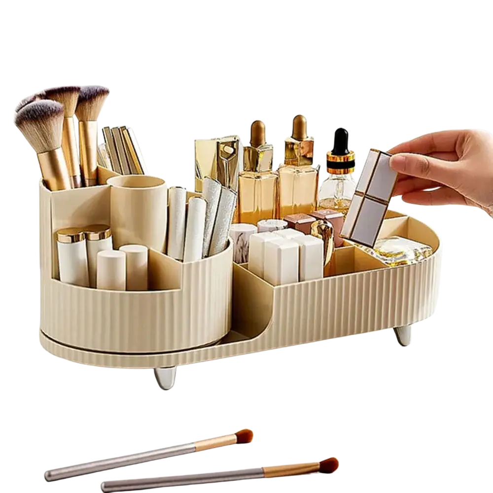 Beige ribbed plastic holder desktop box with 360 rotating storage organizer holding lipstick brushes and skincare items