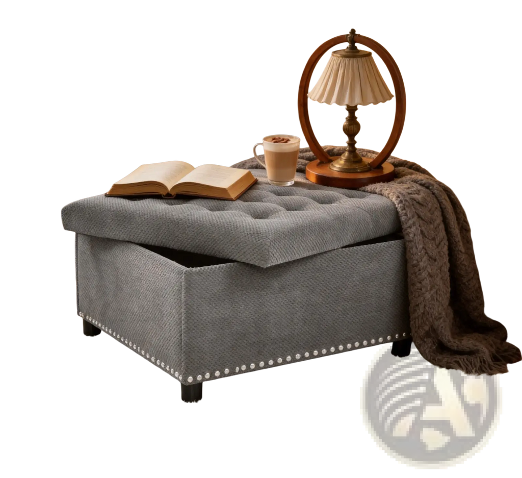 Gray tufted square storage ottoman with nailhead trim and lift-top design for organized living spaces