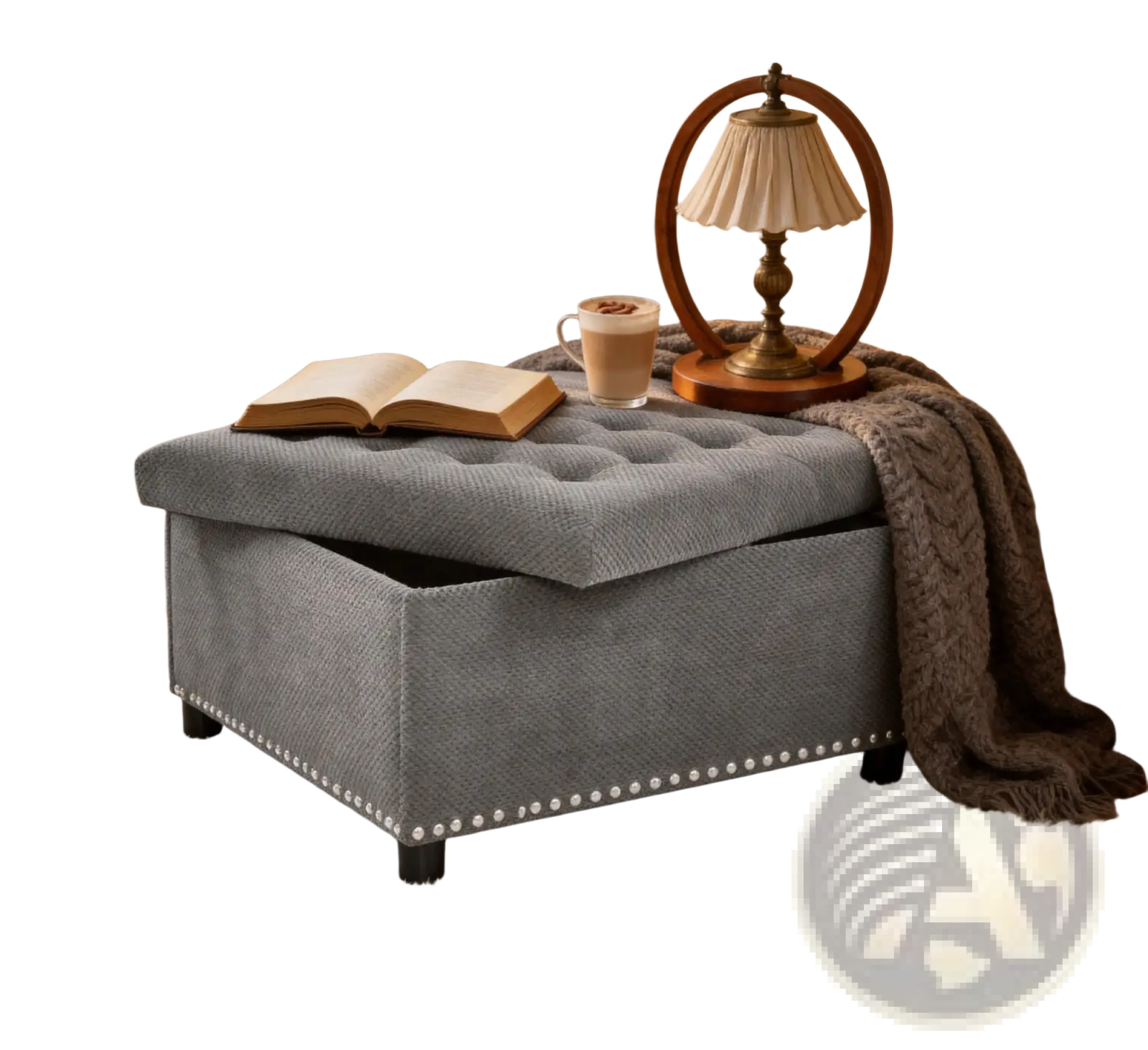 Gray tufted square storage ottoman with nailhead trim and lift-top design for organized living spaces
