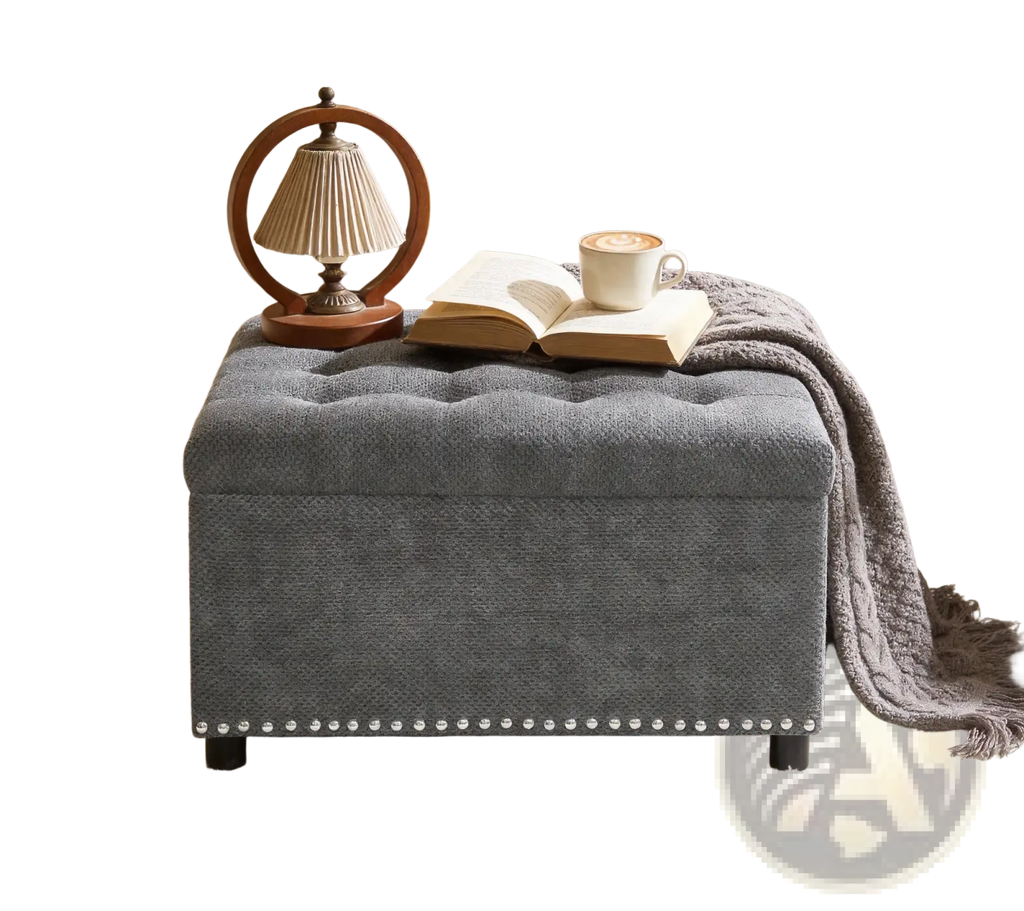 Gray tufted square storage ottoman with nailhead trim ideal for stylish and functional home organization seating